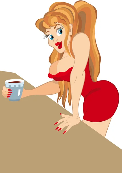 สาวฮิปสเตอร์ย้อนยุคในชุดสีแดงถือถ้วยกาแฟ — ภาพเวกเตอร์สต็อก