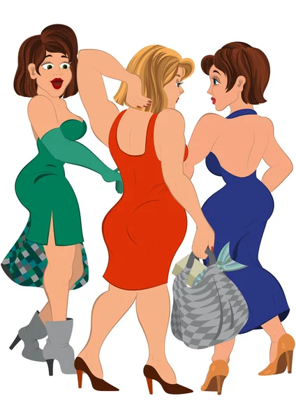 Tres mujeres de dibujos animados con bolsas hablando después de ir de compras — Archivo Imágenes Vectoriales