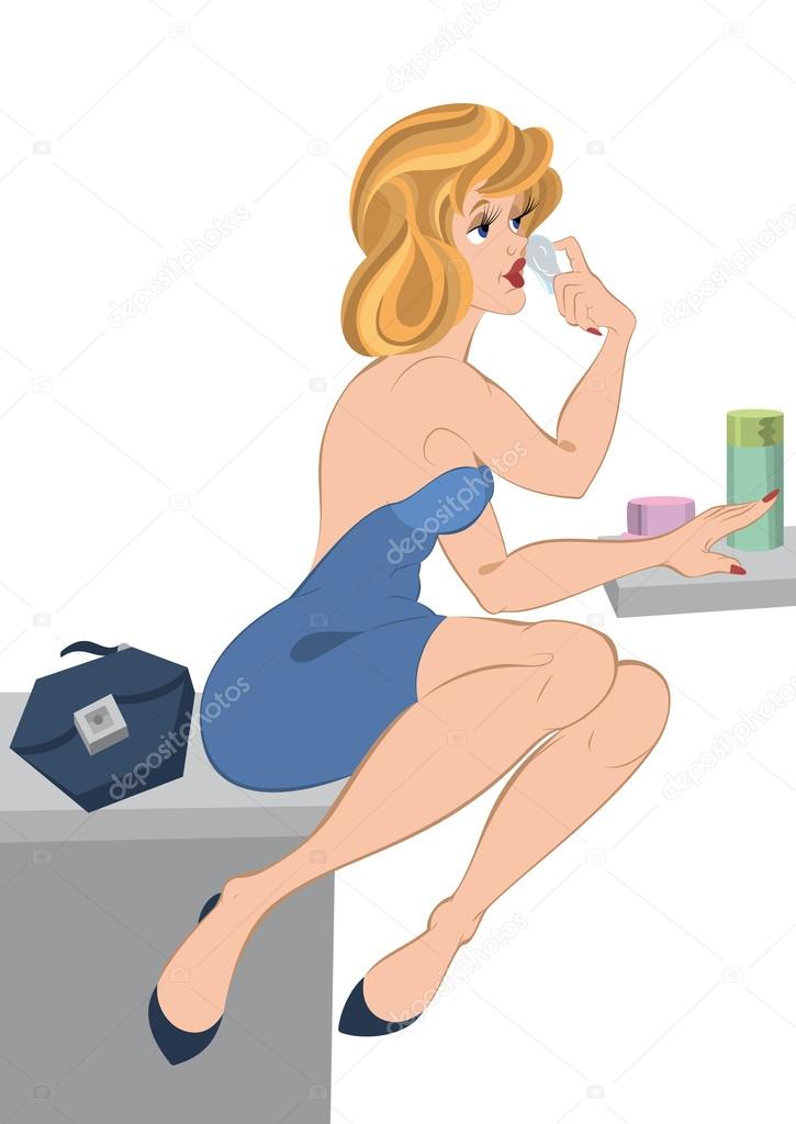 Cartoon girl with blond hair in blue dress applying powder on he