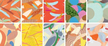 Soyut vektörsüz şablon ayarlandı. Organik grunge, üst üste binen dalgalı şekiller ve çizgiler. El yazısıyla çizilmiş pastel renkli arka plan. Çizgili noktalı yaprak formları. Düz tekstil kumaşı.