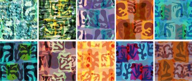 Vektörsüz şablon ayarlandı. Organik Matisse şekilleri. Doğal toprak renginde çiçek sualtı yaşamı. Soyut deniz yosunu kamuflaj arka planı. Moda dalgalı geometri. Rastgele katmanlanmış el çizimi sanat.