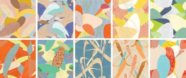 Soyut vektörsüz şablon ayarlandı. Organik grunge, üst üste binen dalgalı şekiller ve çizgiler. El yazısıyla çizilmiş pastel renkli arka plan. Çizgili noktalı yaprak formları. Düz tekstil kumaşı.