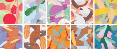 Soyut vektörsüz şablon ayarlandı. Organik grunge, üst üste binen dalgalı şekiller ve çizgiler. El yazısıyla çizilmiş pastel renkli arka plan. Çizgili noktalı yaprak formları. Düz tekstil kumaşı.