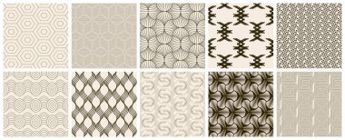 Kusursuz vektör deseni ayarlandı. Soyut basit geometrik doku. Eski sarı kağıtta koyu kahverengi. Geriye dönük ince çizgiler. Modern kafes grafik tasarımı.