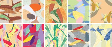 Soyut vektörsüz şablon ayarlandı. Organik grunge, üst üste binen dalgalı şekiller ve çizgiler. El yazısıyla çizilmiş pastel renkli arka plan. Çizgili noktalı yaprak formları. Düz tekstil kumaşı.