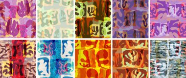 Vektörsüz şablon ayarlandı. Organik Matisse şekilleri. Doğal toprak renginde çiçek sualtı yaşamı. Soyut deniz yosunu kamuflaj arka planı. Moda dalgalı geometri. Rastgele katmanlanmış el çizimi sanat.