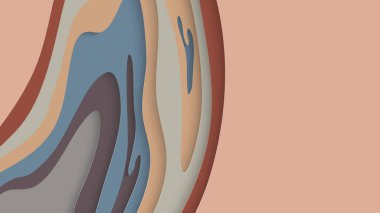 Soyut üç boyutlu kağıt, sanatı keser. Dalgalı kağıt işçiliğiyle renkli bir arka plan. Sanatsal vektör gerçekçi gölgeli şekilleri kesiyor. Parlak oyma dokusu. Topografi yardım taklidi.