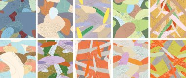 Soyut vektörsüz şablon ayarlandı. Organik grunge, üst üste binen dalgalı şekiller ve çizgiler. El yazısıyla çizilmiş pastel renkli arka plan. Çizgili noktalı yaprak formları. Düz tekstil kumaşı.