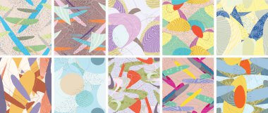 Soyut vektörsüz şablon ayarlandı. Organik grunge, üst üste binen dalgalı şekiller ve çizgiler. El yazısıyla çizilmiş pastel renkli arka plan. Çizgili noktalı yaprak formları. Düz tekstil kumaşı.