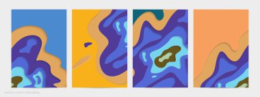 Soyut üç boyutlu kağıt, sanatı keser. Dalgalı kağıt işçiliğiyle renkli bir arka plan. Sanatsal vektör gerçekçi gölgeli şekilleri kesiyor. Parlak oyma dokusu. Topografi yardım taklidi.