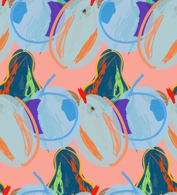 Elle çizilmiş karalamalarla soyut, pürüzsüz desen. İşaretli boya ile yapılmış parlak renkli karalamalar. Pürüzlü mürekkep damlaları ve çiçek bahçesi motifi. Sanatsal duvar kağıdı kaplama tasarımı.