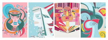 Sanatsal soyut vektör. Duvar yazısı tarzında süslü kıvrımlı posterler. Kübizm sanat tasarım elementleri. Modern mistik doğal ruhani fikir. El çiziminde gelecekçi geometri.