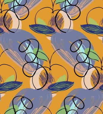 Elle çizilmiş karalamalarla soyut, pürüzsüz desen. İşaretli boya ile yapılmış parlak renkli karalamalar. Pürüzlü mürekkep damlaları ve çiçek bahçesi motifi. Sanatsal duvar kağıdı kaplama tasarımı.