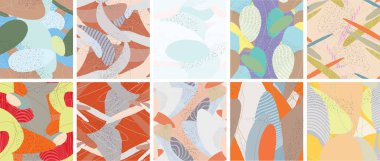 Soyut vektörsüz şablon ayarlandı. Organik grunge, üst üste binen dalgalı şekiller ve çizgiler. El yazısıyla çizilmiş pastel renkli arka plan. Çizgili noktalı yaprak formları. Düz tekstil kumaşı.