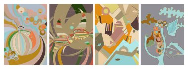 Sanatsal soyut vektör. Duvar yazısı tarzında süslü kıvrımlı posterler. Kübizm sanat tasarım elementleri. Modern mistik doğal ruhani fikir. El çiziminde gelecekçi geometri.