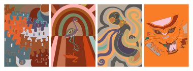 Sanatsal soyut vektör. Duvar yazısı tarzında süslü kıvrımlı posterler. Kübizm sanat tasarım elementleri. Modern mistik doğal ruhani fikir. El çiziminde gelecekçi geometri.