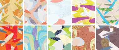 Soyut vektörsüz şablon ayarlandı. Organik grunge, üst üste binen dalgalı şekiller ve çizgiler. El yazısıyla çizilmiş pastel renkli arka plan. Çizgili noktalı yaprak formları. Düz tekstil kumaşı.