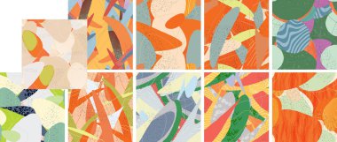 Soyut vektörsüz şablon ayarlandı. Organik grunge, üst üste binen dalgalı şekiller ve çizgiler. El yazısıyla çizilmiş pastel renkli arka plan. Çizgili noktalı yaprak formları. Düz tekstil kumaşı.