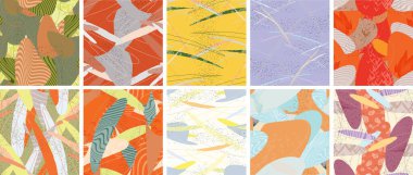 Soyut vektörsüz şablon ayarlandı. Organik grunge, üst üste binen dalgalı şekiller ve çizgiler. El yazısıyla çizilmiş pastel renkli arka plan. Çizgili noktalı yaprak formları. Düz tekstil kumaşı.