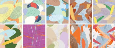 Soyut vektörsüz şablon ayarlandı. Organik grunge, üst üste binen dalgalı şekiller ve çizgiler. El yazısıyla çizilmiş pastel renkli arka plan. Çizgili noktalı yaprak formları. Düz tekstil kumaşı.