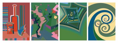 Sanatsal soyut vektör. Duvar yazısı tarzında süslü kıvrımlı posterler. Kübizm sanat tasarım elementleri. Modern mistik doğal ruhani fikir. El çiziminde gelecekçi geometri.