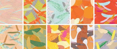 Soyut vektörsüz şablon ayarlandı. Organik grunge, üst üste binen dalgalı şekiller ve çizgiler. El yazısıyla çizilmiş pastel renkli arka plan. Çizgili noktalı yaprak formları. Düz tekstil kumaşı.