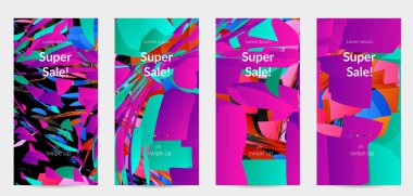 Parlak renkli küçük parçacık patlaması ile soyut sosyal medya şablonu. Spor müziği sosyal medya düzeni. Dış uzay hareketli optik sanat dinamik arka planı. Gelecekçi vektör.