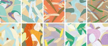 Soyut vektörsüz şablon ayarlandı. Organik grunge, üst üste binen dalgalı şekiller ve çizgiler. El yazısıyla çizilmiş pastel renkli arka plan. Çizgili noktalı yaprak formları. Düz tekstil kumaşı.