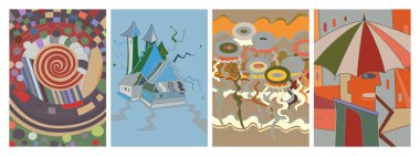 Sanatsal soyut vektör. Duvar yazısı tarzında süslü kıvrımlı posterler. Kübizm sanat tasarım elementleri. Modern mistik doğal ruhani fikir. El çiziminde gelecekçi geometri.