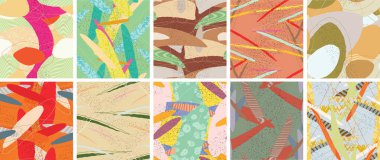 Soyut vektörsüz şablon ayarlandı. Organik grunge, üst üste binen dalgalı şekiller ve çizgiler. El yazısıyla çizilmiş pastel renkli arka plan. Çizgili noktalı yaprak formları. Düz tekstil kumaşı.