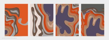 Soyut üç boyutlu kağıt, sanatı keser. Dalgalı kağıt işçiliğiyle renkli bir arka plan. Sanatsal vektör gerçekçi gölgeli şekilleri kesiyor. Parlak oyma dokusu. Topografi yardım taklidi.