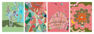 Sanatsal soyut vektör. Duvar yazısı tarzında süslü kıvrımlı posterler. Kübizm sanat tasarım elementleri. Modern mistik doğal ruhani fikir. El çiziminde gelecekçi geometri.