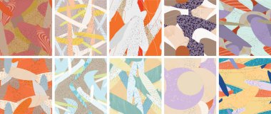 Soyut vektörsüz şablon ayarlandı. Organik grunge, üst üste binen dalgalı şekiller ve çizgiler. El yazısıyla çizilmiş pastel renkli arka plan. Çizgili noktalı yaprak formları. Düz tekstil kumaşı.