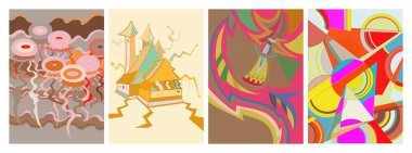 Sanatsal soyut vektör. Duvar yazısı tarzında süslü kıvrımlı posterler. Kübizm sanat tasarım elementleri. Modern mistik doğal ruhani fikir. El çiziminde gelecekçi geometri.