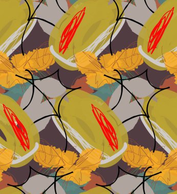 Elle çizilmiş karalamalarla soyut, pürüzsüz desen. İşaretli boya ile yapılmış parlak renkli karalamalar. Pürüzlü mürekkep damlaları ve çiçek bahçesi motifi. Sanatsal duvar kağıdı kaplama tasarımı.