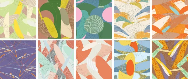 Soyut vektörsüz şablon ayarlandı. Organik grunge, üst üste binen dalgalı şekiller ve çizgiler. El yazısıyla çizilmiş pastel renkli arka plan. Çizgili noktalı yaprak formları. Düz tekstil kumaşı.
