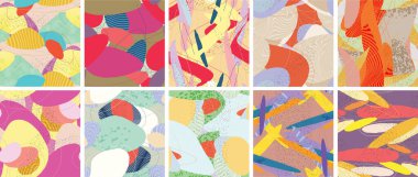 Soyut vektörsüz şablon ayarlandı. Organik grunge, üst üste binen dalgalı şekiller ve çizgiler. El yazısıyla çizilmiş pastel renkli arka plan. Çizgili noktalı yaprak formları. Düz tekstil kumaşı.