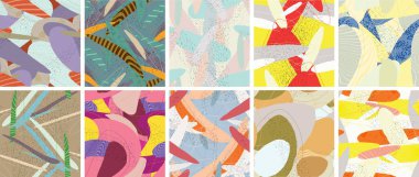 Soyut vektörsüz şablon ayarlandı. Organik grunge, üst üste binen dalgalı şekiller ve çizgiler. El yazısıyla çizilmiş pastel renkli arka plan. Çizgili noktalı yaprak formları. Düz tekstil kumaşı.