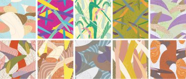 Soyut vektörsüz şablon ayarlandı. Organik grunge, üst üste binen dalgalı şekiller ve çizgiler. El yazısıyla çizilmiş pastel renkli arka plan. Çizgili noktalı yaprak formları. Düz tekstil kumaşı.