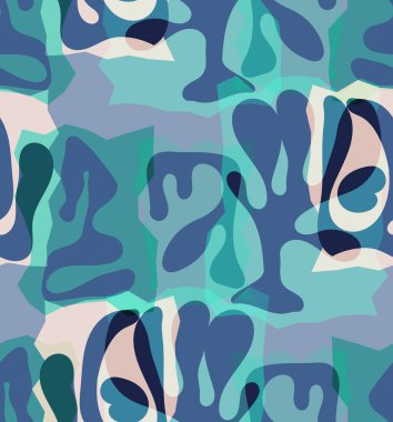 Organik Matisse şekillerinin kusursuz desenleri. Doğal toprak renkleri. Çiçekli sualtı yaşamı. Soyut deniz yosunu kamuflaj arka planı. Moda dalgalı geometri. Rastgele katmanlanmış el çizimi sanat.