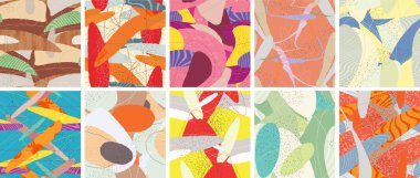 Soyut vektörsüz şablon ayarlandı. Organik grunge, üst üste binen dalgalı şekiller ve çizgiler. El yazısıyla çizilmiş pastel renkli arka plan. Çizgili noktalı yaprak formları. Düz tekstil kumaşı.