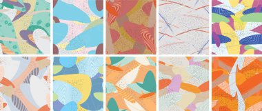 Soyut vektörsüz şablon ayarlandı. Organik grunge, üst üste binen dalgalı şekiller ve çizgiler. El yazısıyla çizilmiş pastel renkli arka plan. Çizgili noktalı yaprak formları. Düz tekstil kumaşı.