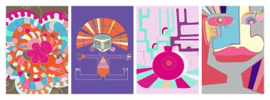 Sanatsal soyut vektör. Duvar yazısı tarzında süslü kıvrımlı posterler. Kübizm sanat tasarım elementleri. Modern mistik doğal ruhani fikir. El çiziminde gelecekçi geometri.