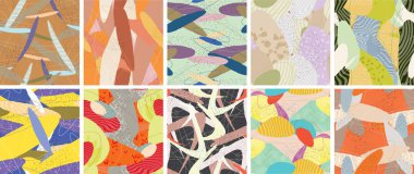 Soyut vektörsüz şablon ayarlandı. Organik grunge, üst üste binen dalgalı şekiller ve çizgiler. El yazısıyla çizilmiş pastel renkli arka plan. Çizgili noktalı yaprak formları. Düz tekstil kumaşı.