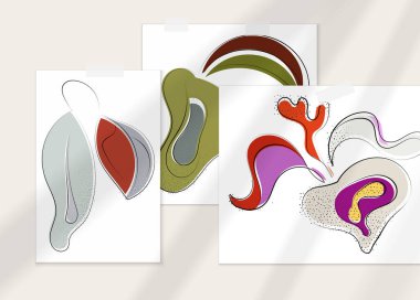 Gölge kaplamalı soyut el çizimi vektör çizimi poster. Çizgi sanatsal çizim ve doku. Retro düz renkler organik doğal tasarım. Organik sağlıklı vejetaryen karalaması..