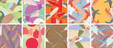 Soyut vektörsüz şablon ayarlandı. Organik grunge, üst üste binen dalgalı şekiller ve çizgiler. El yazısıyla çizilmiş pastel renkli arka plan. Çizgili noktalı yaprak formları. Düz tekstil kumaşı.