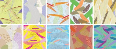 Soyut vektörsüz şablon ayarlandı. Organik grunge, üst üste binen dalgalı şekiller ve çizgiler. El yazısıyla çizilmiş pastel renkli arka plan. Çizgili noktalı yaprak formları. Düz tekstil kumaşı.