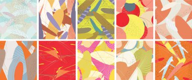 Soyut vektörsüz şablon ayarlandı. Organik grunge, üst üste binen dalgalı şekiller ve çizgiler. El yazısıyla çizilmiş pastel renkli arka plan. Çizgili noktalı yaprak formları. Düz tekstil kumaşı.