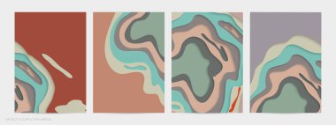 Soyut üç boyutlu kağıt, sanatı keser. Dalgalı kağıt işçiliğiyle renkli bir arka plan. Sanatsal vektör gerçekçi gölgeli şekilleri kesiyor. Parlak oyma dokusu. Topografi yardım taklidi.