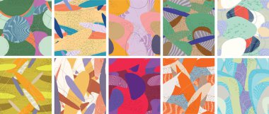 Soyut vektörsüz şablon ayarlandı. Organik grunge, üst üste binen dalgalı şekiller ve çizgiler. El yazısıyla çizilmiş pastel renkli arka plan. Çizgili noktalı yaprak formları. Düz tekstil kumaşı.